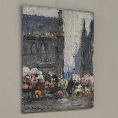 Antique Signed Oil Painting on Board 'Brussels Flower Market on the Grand Place'