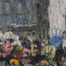Antique Signed Oil Painting on Board 'Brussels Flower Market on the Grand Place'