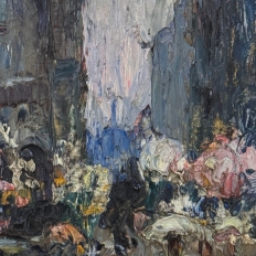 Antique Signed Oil Painting on Board 'Brussels Flower Market on the Grand Place'
