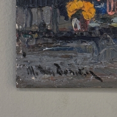 Antique Signed Oil Painting on Board 'Brussels Flower Market on the Grand Place'