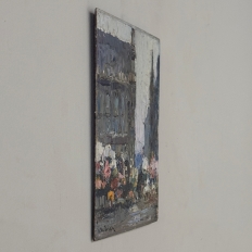 Antique Signed Oil Painting on Board 'Brussels Flower Market on the Grand Place'