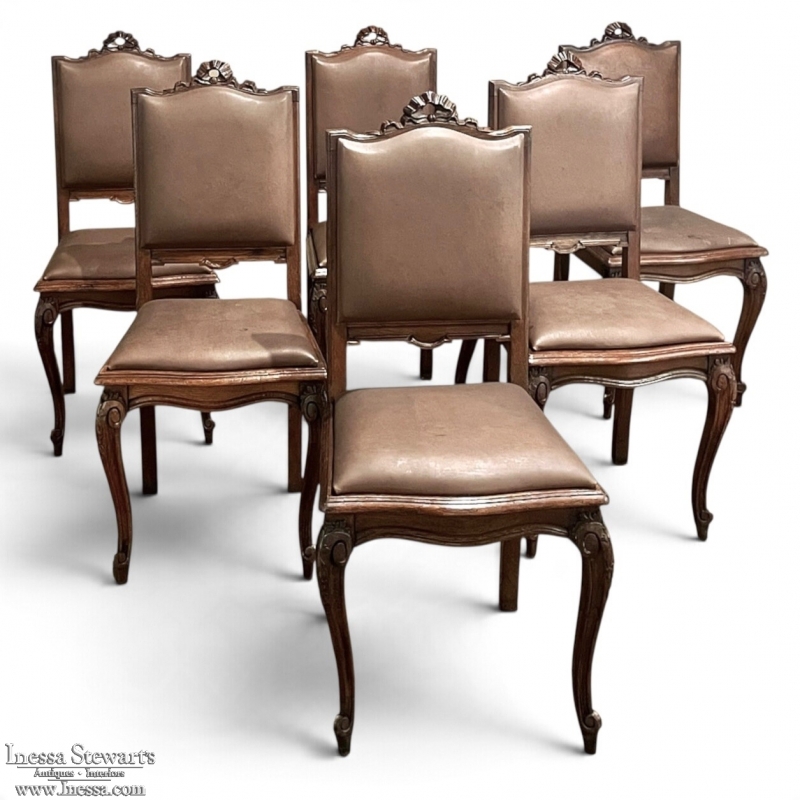 Set of 6 Antique Country French Louis XVI Dining Chairs with Leather