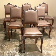 Set of 6 Antique Country French Louis XVI Dining Chairs with Leather
