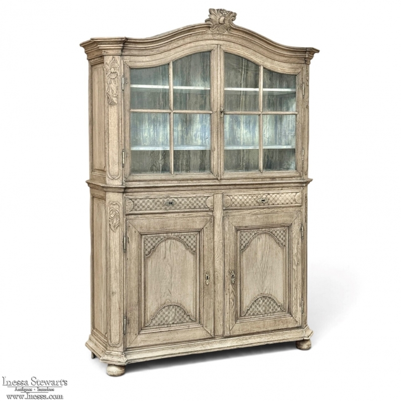 18th Century Rustic Belgian Regence Stripped Oak Bookcase Cabinet