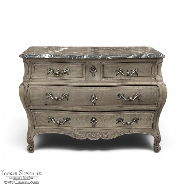 Antique 19th Century Country French Louis XV Bombe Commode in Stripped Oak with Gray Marble