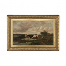 Antique Oil Painting on Canvas by Henri Dupont (1890-1961) 'Grazing Cattle'