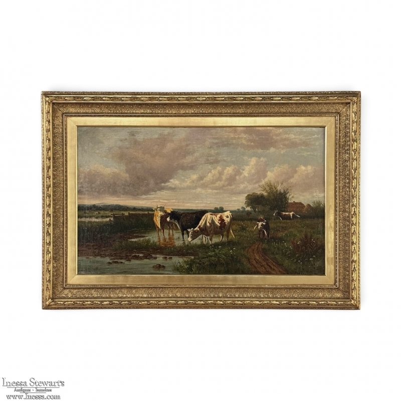 Antique Oil Painting on Canvas by Henri Dupont (1890-1961) 'Grazing Cattle'