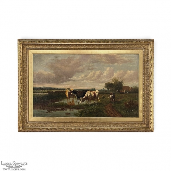 Antique Oil Painting on Canvas by Henri Dupont (1890-1961) 'Grazing Cattle'