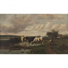 Antique Oil Painting on Canvas by Henri Dupont (1890-1961) 'Grazing Cattle'