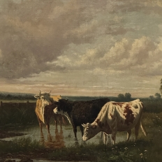 Antique Oil Painting on Canvas by Henri Dupont (1890-1961) 'Grazing Cattle'
