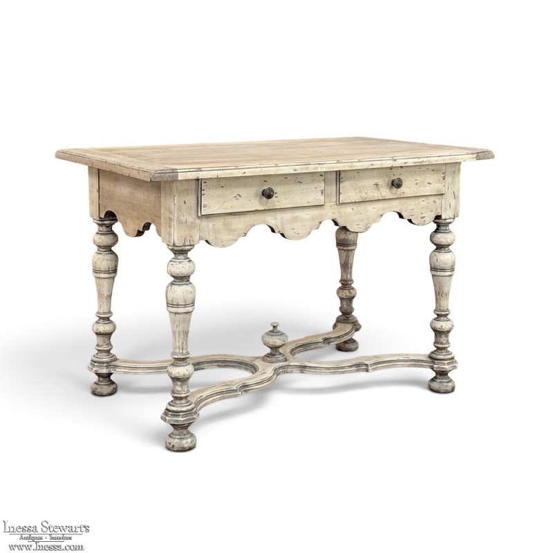 Dutch Stripped Sycamore Writing Table with 2 Drawers and Turned Legs