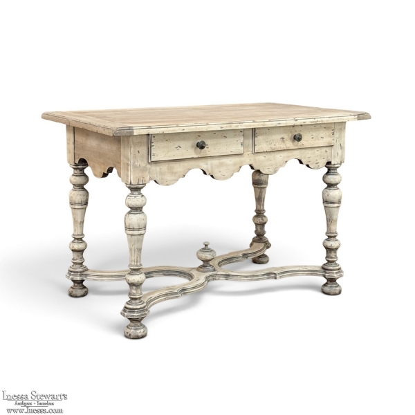 Dutch Stripped Sycamore Writing Table with 2 Drawers and Turned Legs