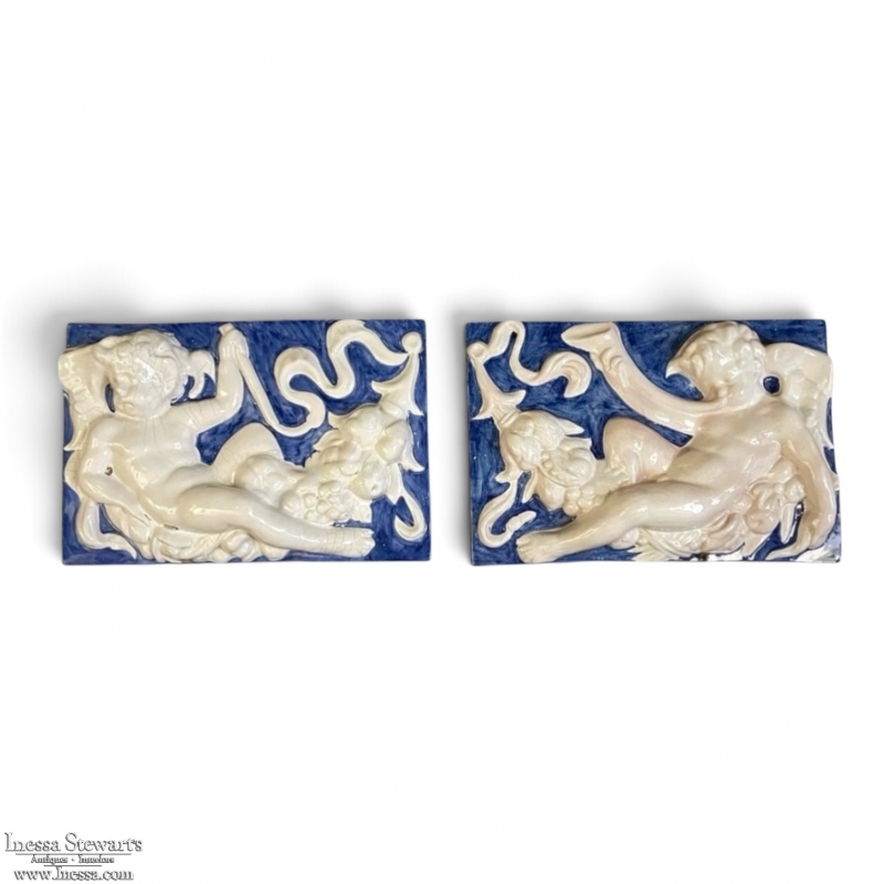 Pair Antique Italian Della Robbia Style Glazed Terracotta Plaques with Cherubs