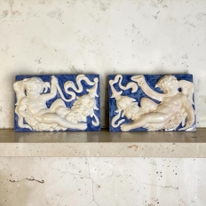 Pair Antique Italian Della Robbia Style Glazed Terracotta Plaques with Cherubs