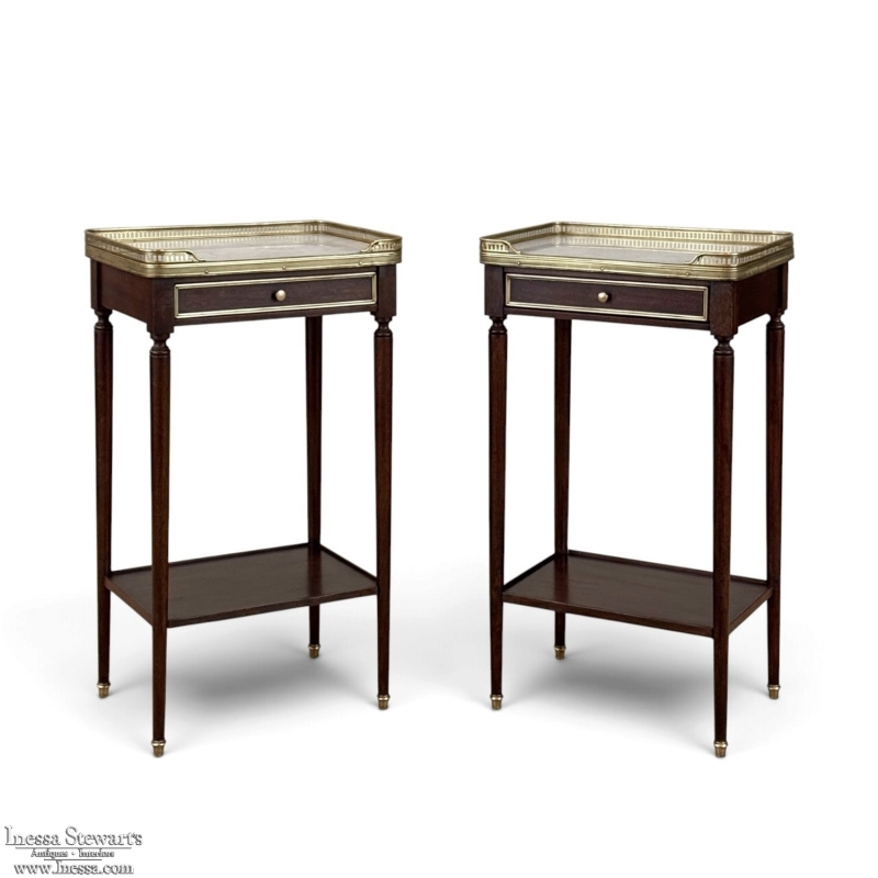 Pair of Antique French Louis XVI Mahogany End Tables with Carrara Marble Tops