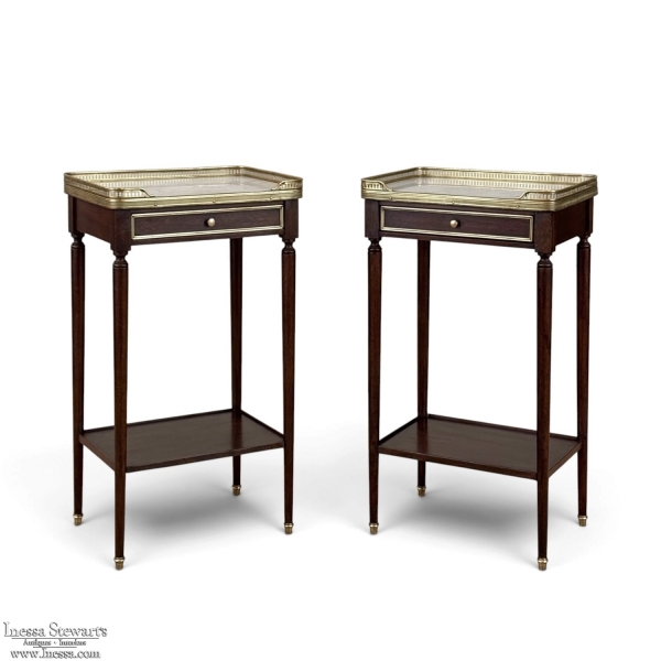 Pair of Antique French Louis XVI Mahogany End Tables with Carrara Marble Tops