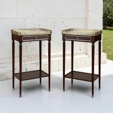 Pair of Antique French Louis XVI Mahogany End Tables with Carrara Marble Tops