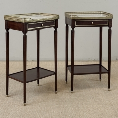 Pair of Antique French Louis XVI Mahogany End Tables with Carrara Marble Tops
