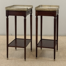 Pair of Antique French Louis XVI Mahogany End Tables with Carrara Marble Tops
