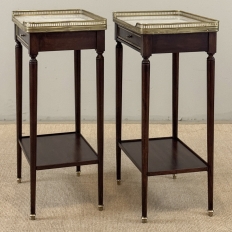 Pair of Antique French Louis XVI Mahogany End Tables with Carrara Marble Tops