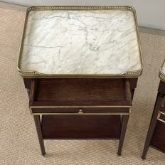 Pair of Antique French Louis XVI Mahogany End Tables with Carrara Marble Tops