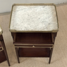 Pair of Antique French Louis XVI Mahogany End Tables with Carrara Marble Tops