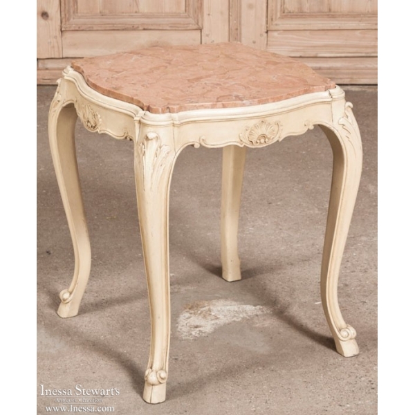 Antique Country French Painted Marble Top Occasional End Table