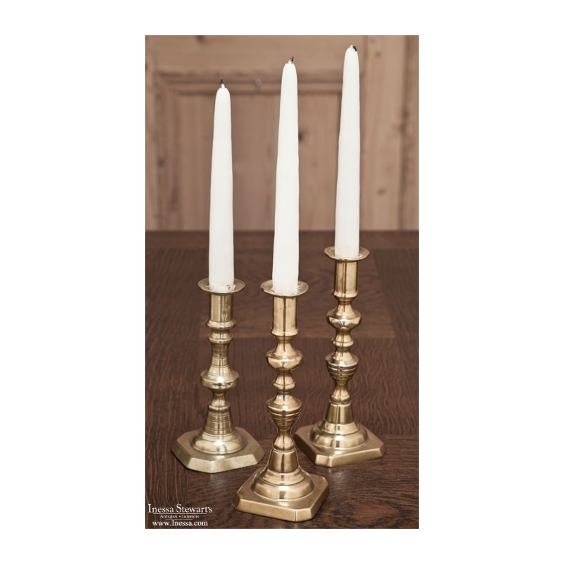 Set of 3 Antique Brass 18th Century English Candlesticks