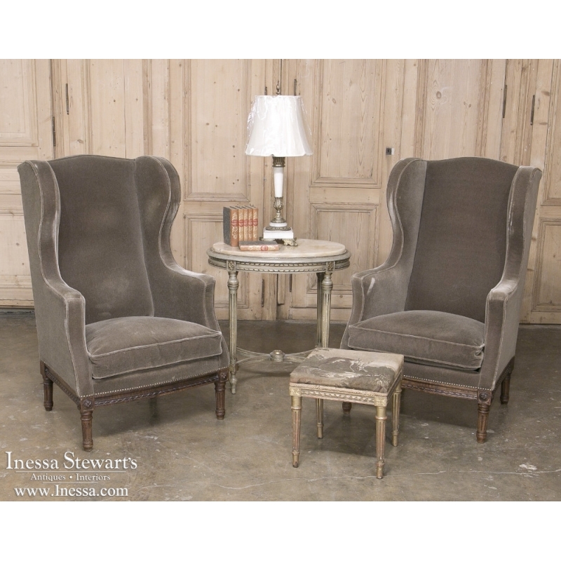 Pair French Neoclassical Mohair Wingback Armchairs ~ Bergeres
