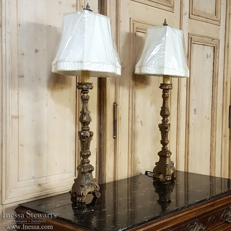 Pair Antique Italian Carved and Mirrored Candlestick Table Lamps