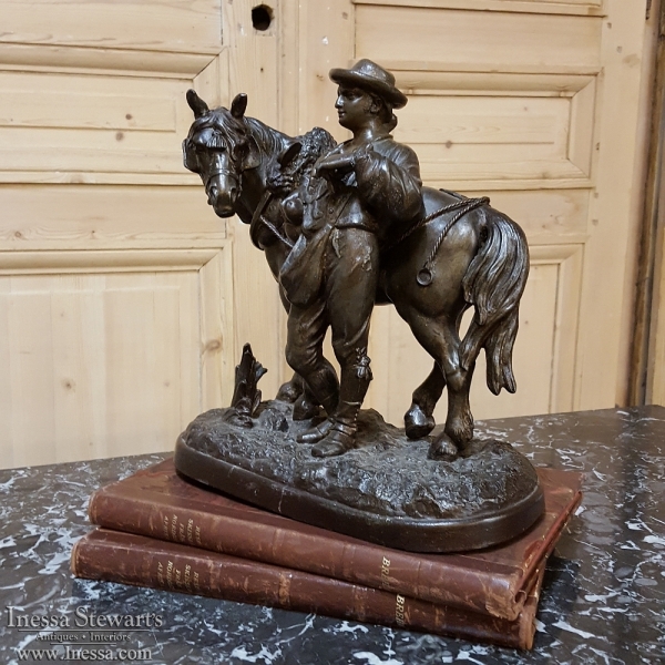 19th Century Country French Spelter Statue of Horse & Rider
